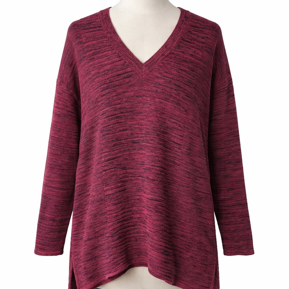 Ellen Tracy XL Burgundy Marled Sweater V Neck Tunic Knit Hi Low Hem Womens Cozy